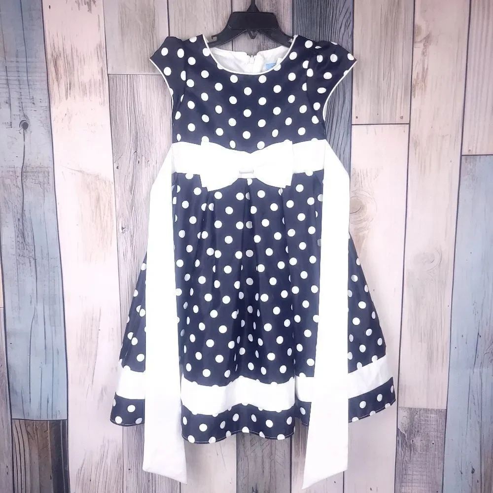 Girl's Navy White Polka Dot Dress Sleeveless Taffeta Back Tie Size 4T